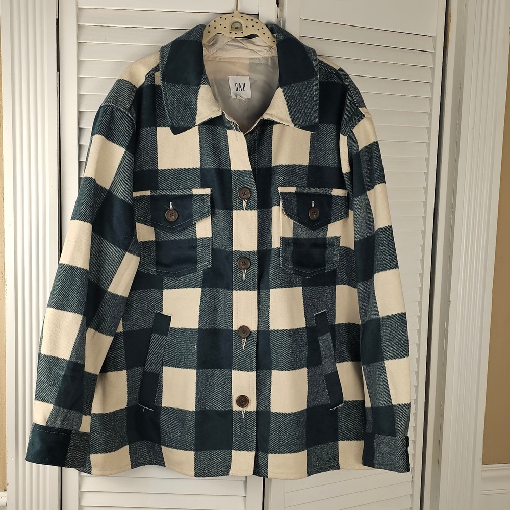 Gap Womens Green White Plaid‎ Wool Blend Shacket Shirt Jacket XXL